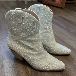 Betsey Johnson Ivory Pearl-Embellished Western Ankle Boots